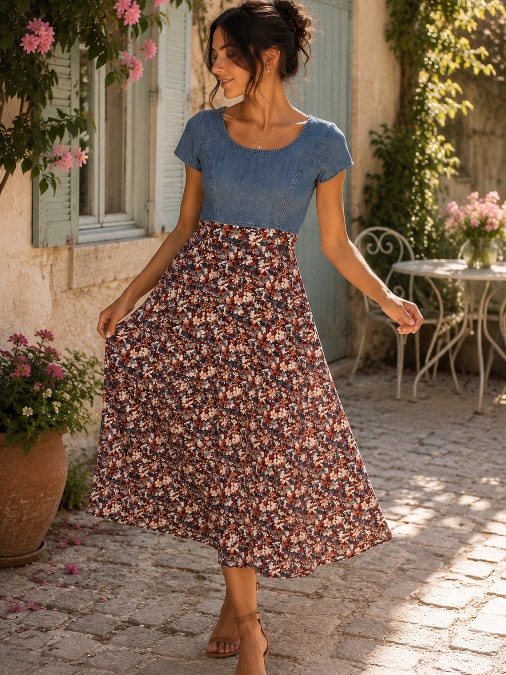 Rampage Womens S Denim Floral Midi Dress Blue Short Sleeve Cottagecore